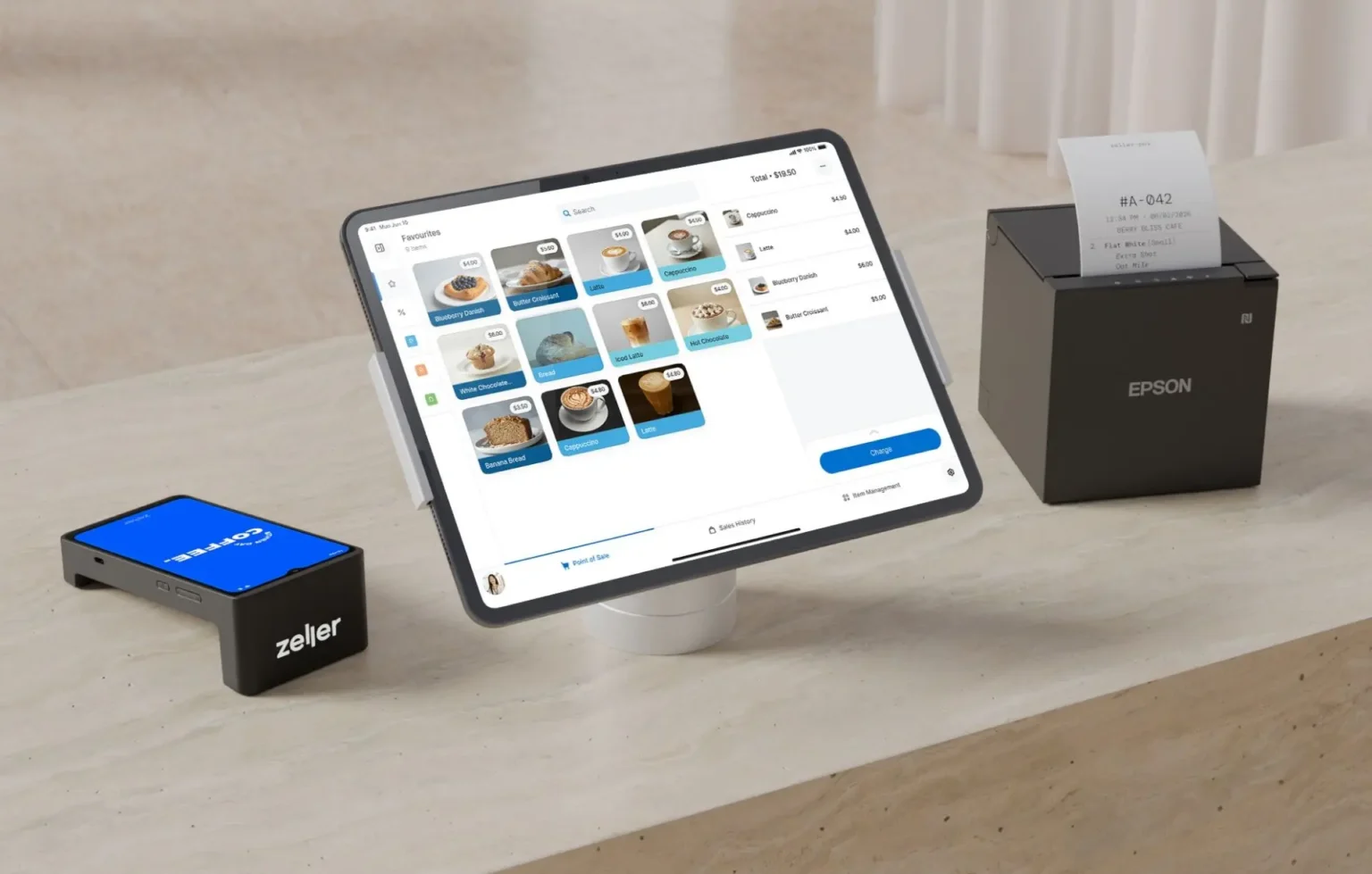Zeller POS in café with terminal and receipt printer
