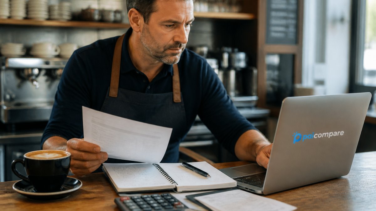 Cafe owner reviewing payment fees on a laptop to reduce cafe card processing costs